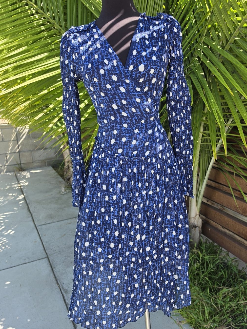 Diane Von Furstenberg Navy and White Polka Dot Long Sleeve Wrap Dress
